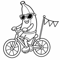 Banane mit Sonnenbrille und kurzer Hose auf einem Fahrrad mit Wimpel am Fahrrad