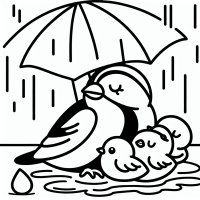 unter dem Regen Dach sitzt ein Spatz mit drei Jungen