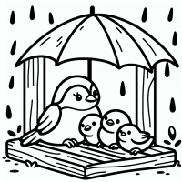 unter dem Regen Dach sitzt ein Spatz mit three Jungen