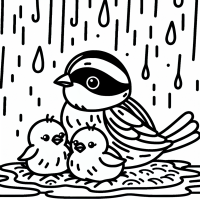 unter dem Regen Dach sitzt ein Spatz mit three Jungen