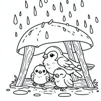 unter dem Regen Dach sitzt ein Spatz mit drei Jungen