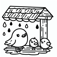 unter dem Regen Dach sitzt ein Spatz mit drei Jungen