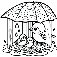 unter dem Regen Dach sitzt ein Spatz mit drei Jungen