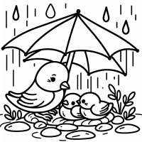 unter dem Regen Dach sitzt ein Spatz mit three Jungen
