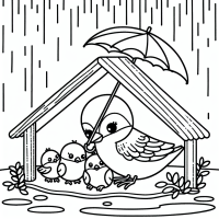 unter dem Regen Dach sitzt ein Spatz mit three Jungen