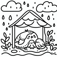 unter dem Regen Dach sitzt ein Spatz mit three Jungen
