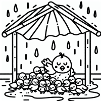 unter dem Regen Dach sitzt ein Spatz mit mehreren Jungen