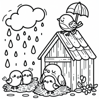 unter dem Regen Dach sitzt ein Spatz mit mehreren Jungen